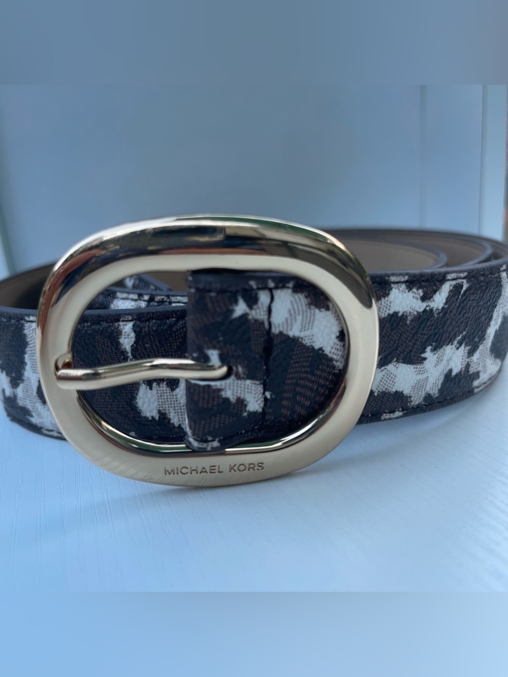 Michael Kors Black & White Signature Print Belt with Gold Oval Buckle size 2X
